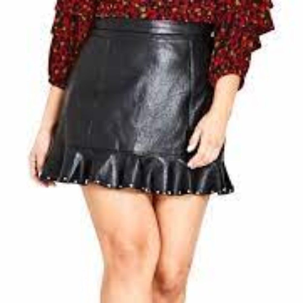 City Chic Studded Frill Vegan Leather Black Skirt Size 18 Like New